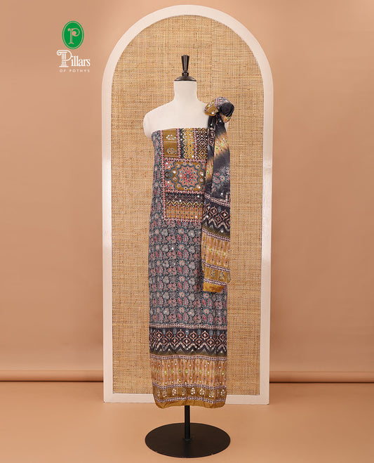 Black & mustard material chudidar set, Arjrakh print & mirror work Masakali crepe top,santoon bottom & Arjrakh print & mirrorwork chinon dupatta
