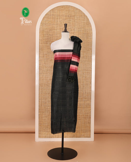 Black material chudidar set, horizontal rosepink-ombre striped semi-tussar top, plain santoon bottom & horizontal rosepink-ombre striped dupatta with tassels
