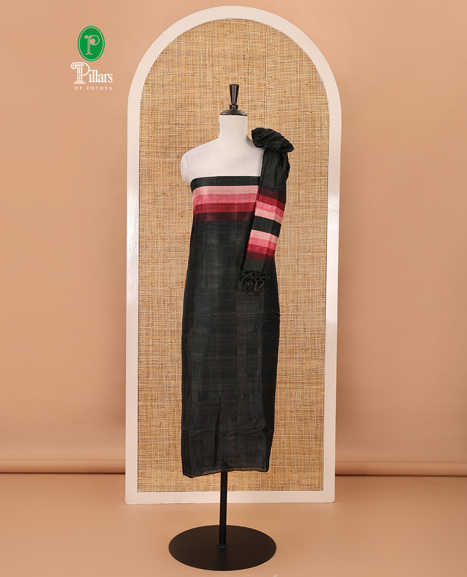 Black material chudidar set, horizontal rosepink-ombre striped semi-tussar top, plain santoon bottom & horizontal rosepink-ombre striped dupatta with tassels