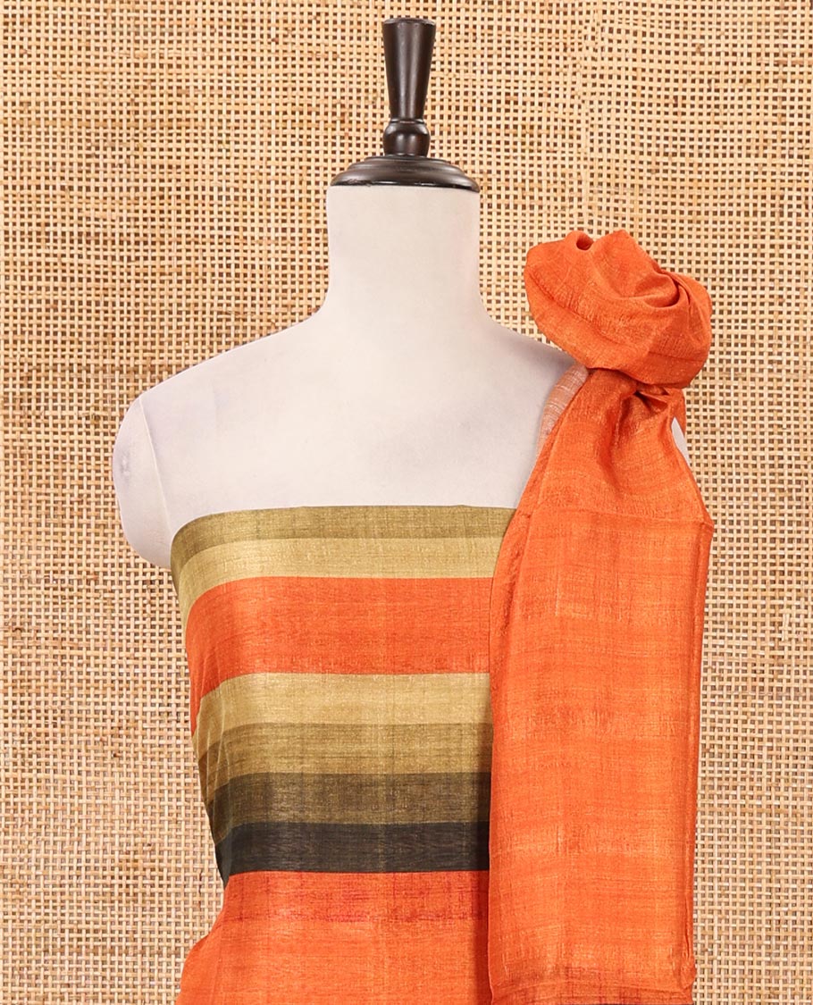 Orange material chudidar set, horizontal ombre striped semi-tussar top, plain santoon bottom & horizontal ombre striped dupatta with tassels