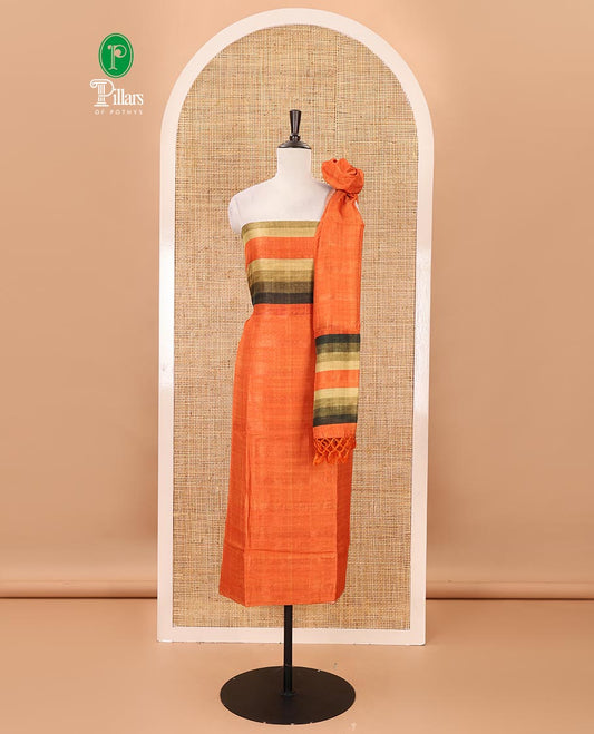 Orange material chudidar set, horizontal ombre striped semi-tussar top, plain santoon bottom & horizontal ombre striped dupatta with tassels