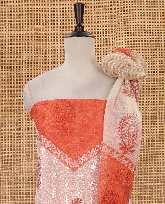 Cream-orange material chudidar set, print & chikankari-style embroidered net kota top, semi-raw silk bottom & floral print net kota dupatta