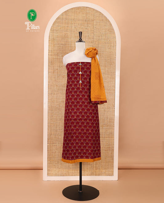 Maroon flex cotton material chudidar set, ikkat printed & oxidised charm woven top, contrast bottom & negative printed dupatta