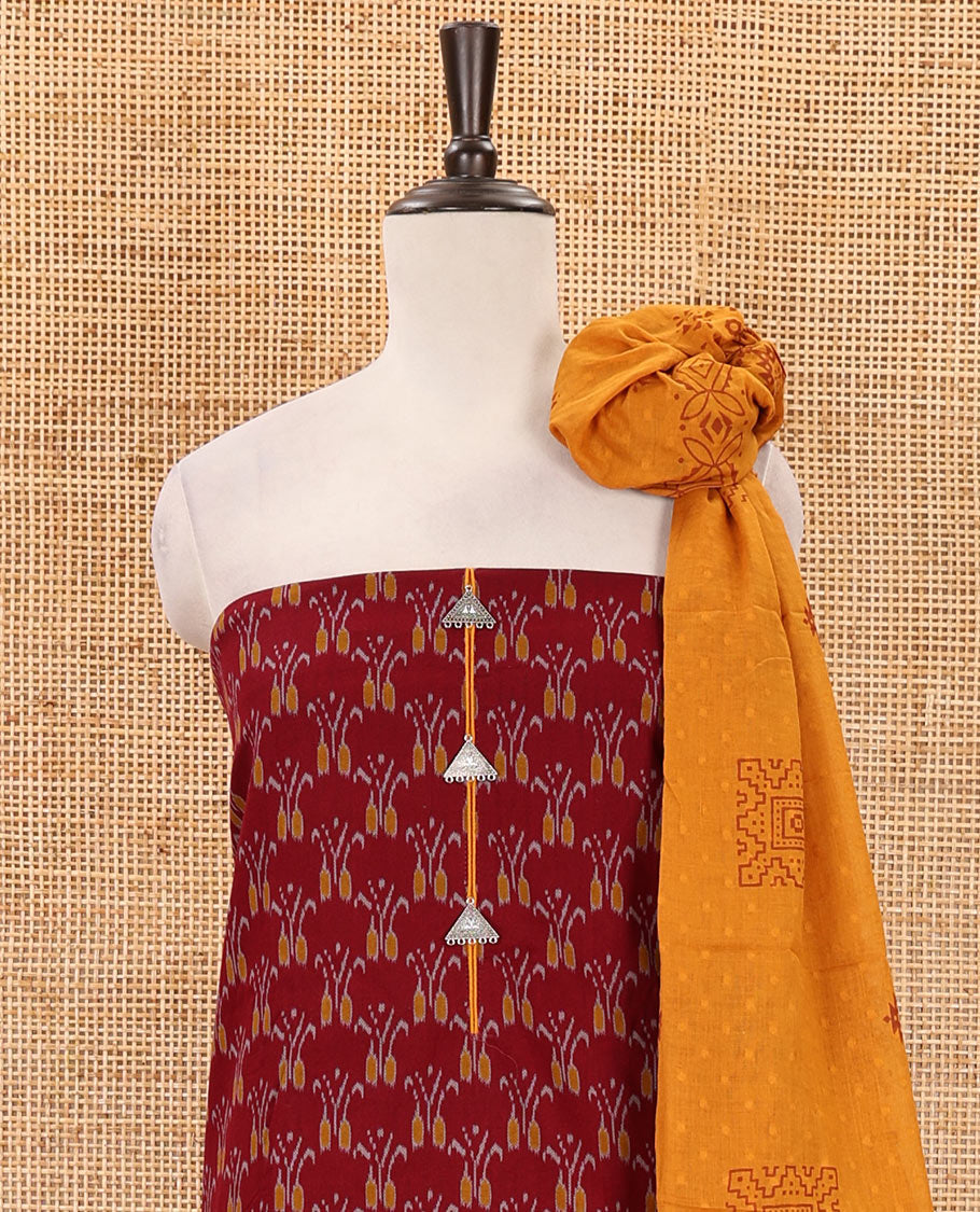 Maroon flex cotton material chudidar set, ikkat printed & oxidised charm woven top, contrast bottom & negative printed dupatta