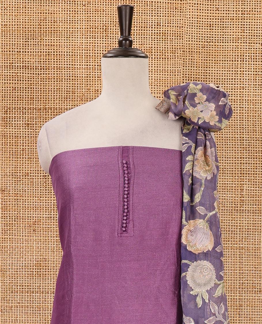 Lavender material chudidar set, plain with neck work vichitra silk top, cotton bottom & baraso floral printed dupatta