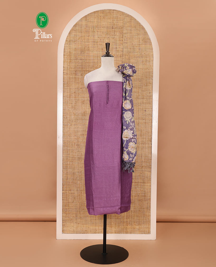 Lavender material chudidar set, plain with neck work vichitra silk top, cotton bottom & baraso floral printed dupatta