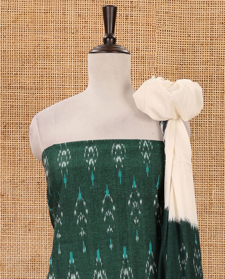 Green material chudidar set,pochampally ikkat butta printed pure cotton top,contrast black bottom & ikkat print black-green dupatta