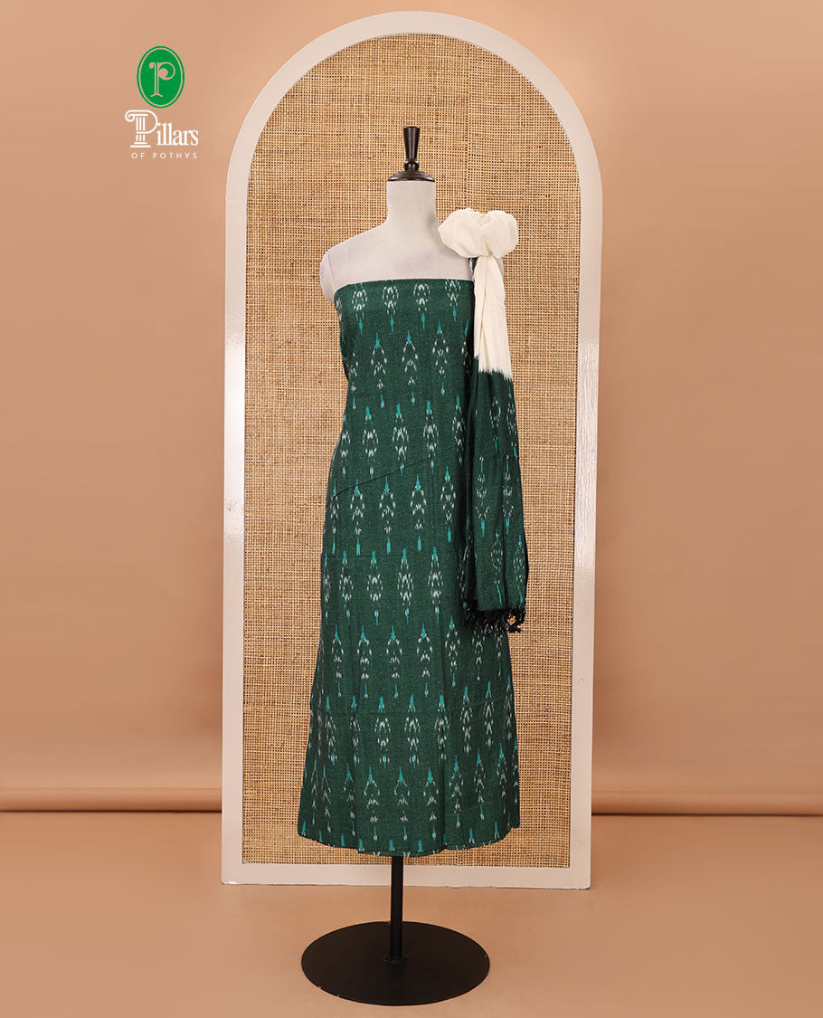 Green material chudidar set,pochampally ikkat butta printed pure cotton top,contrast black bottom & ikkat print black-green dupatta