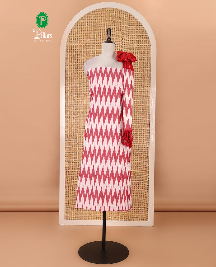 Cream-red material chudidar set, chevron design pure cotton pochampally ikkat top, contrast bottom & chevron design pochampally ikkat dupatta