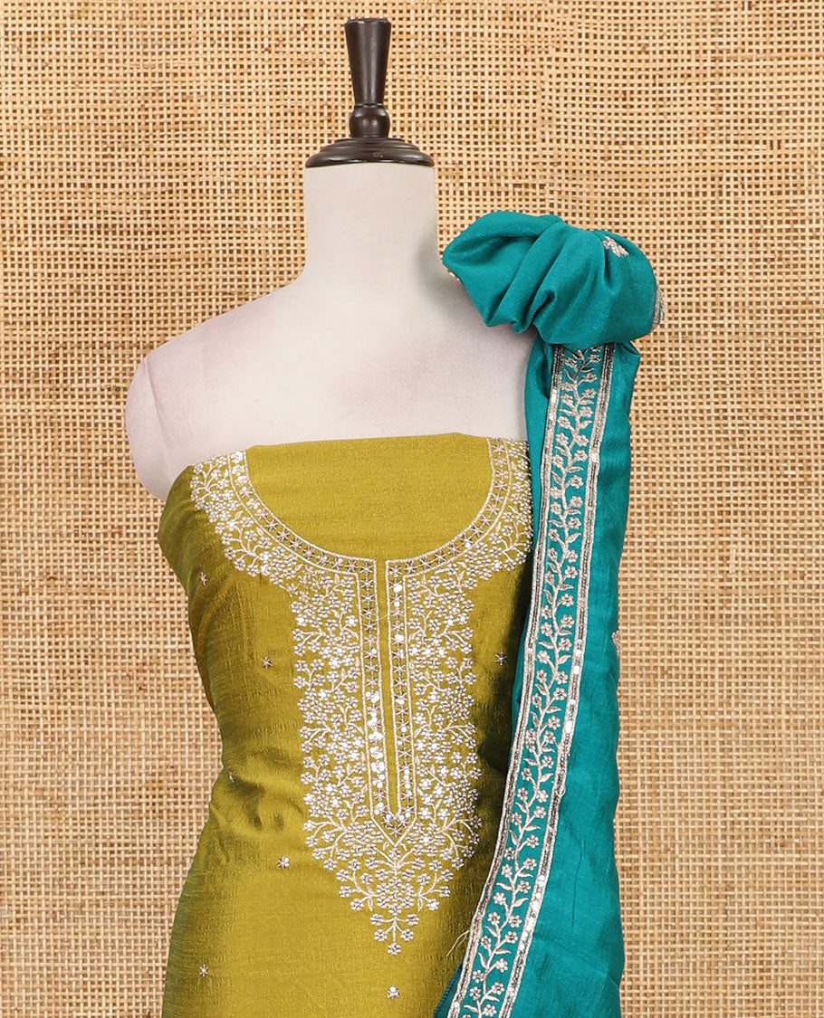 Green Vichitra silk material chudidar set, floral design neck embroidered top, santoon bottom & contrast embroidered Vichitra silk dupatta