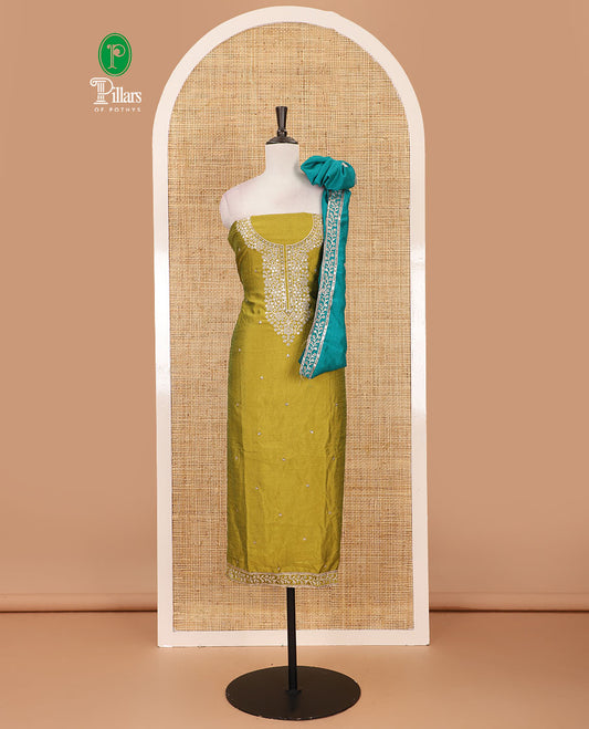 Green Vichitra silk material chudidar set, floral design neck embroidered top, santoon bottom & contrast embroidered Vichitra silk dupatta