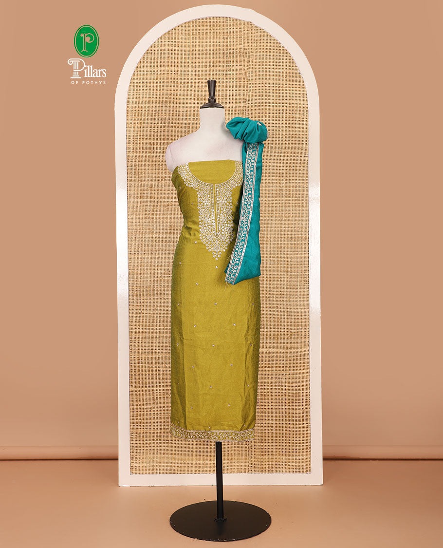 Green Vichitra silk material chudidar set, floral design neck embroidered top, santoon bottom & contrast embroidered Vichitra silk dupatta