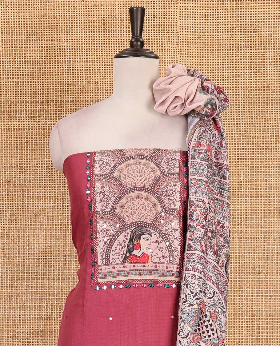 Onion pink material chudidar set, Madhubani theme printed with French Knot embroidered and mirror work Vertican silk top, contrast rayon bottom, and Madhubani printed dupatta