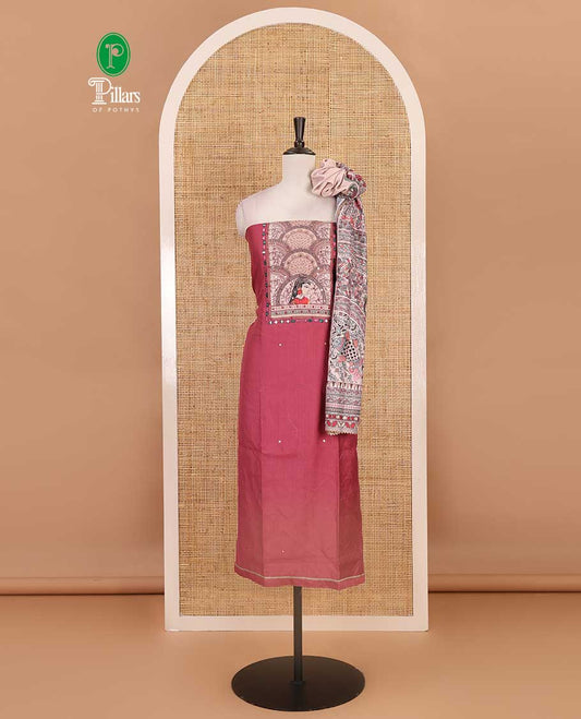 Onion pink material chudidar set, Madhubani theme printed with French Knot embroidered and mirror work Vertican silk top, contrast rayon bottom, and Madhubani printed dupatta