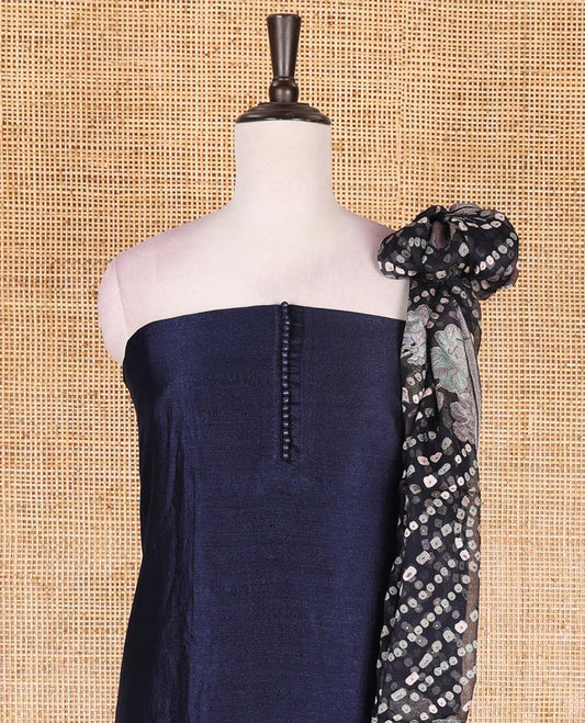Navy blue material chudidar set, plain with fancy thermacol balls neck work Vichitra top, cotton bottom, and floral with bandhani printed dupatta