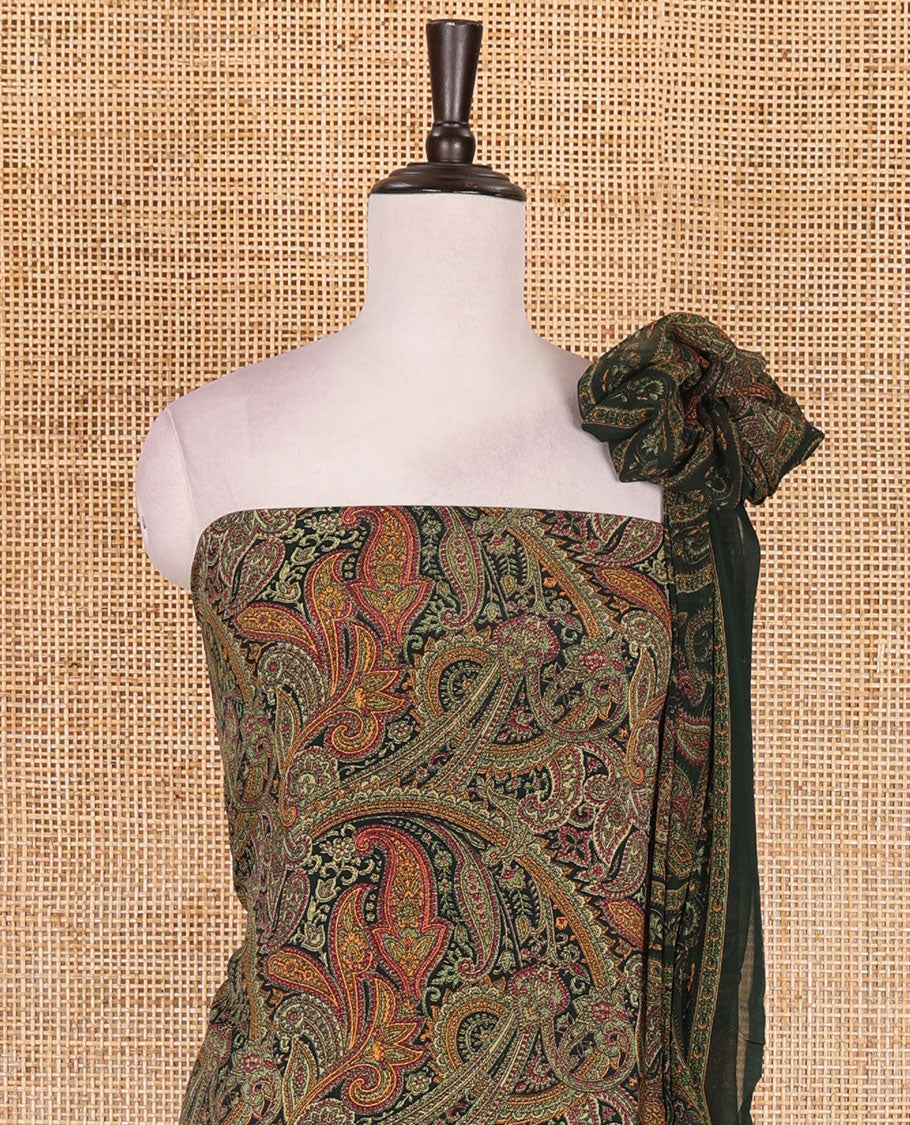 Mehendi green Italian crepe material chudidar set, paisley printed top, plain bottom, and floral-paisley printed georgrette dupatta