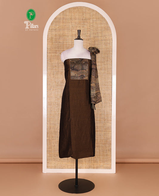 Brown material chudidar set, abstract printed with mirrorwork Vichitra silk top, santoon bottom, and abstract printed shimmer georgette dupatta
