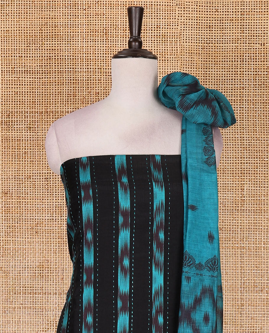 Black Vertican silk material chudidar set, vertical ikkat stripes, and kantha work top, contrast plain slub cotton bottom, and linen contrast ikkat printed zari border dupatta