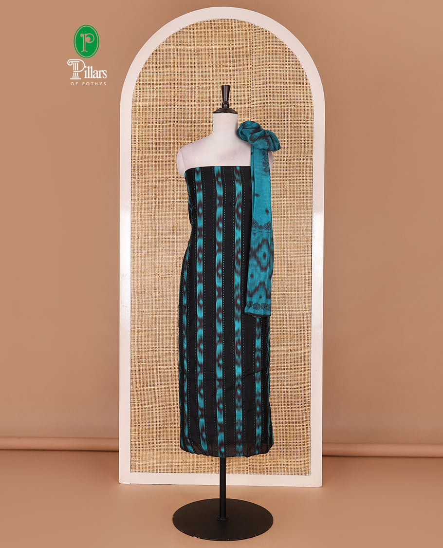 Black Vertican silk material chudidar set, vertical ikkat stripes, and kantha work top, contrast plain slub cotton bottom, and linen contrast ikkat printed zari border dupatta