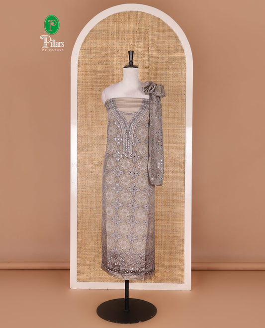 Fawn material chudidar set, intricately printed with original mirror work crepe top, Italian crepe bottom, and chinon digital print, mirror work dupatta