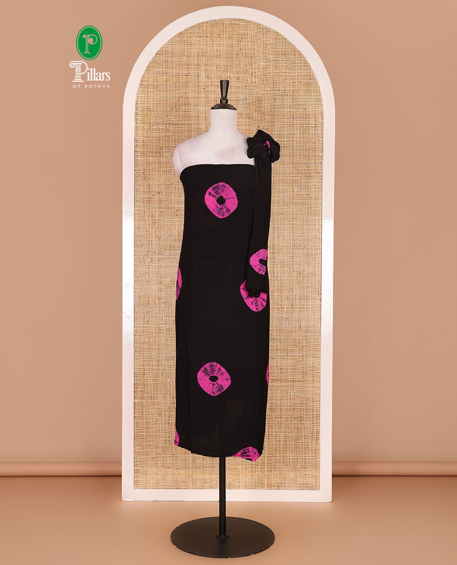 Black and pink  viscose georgette material churidar set, big bandhani dots printed top, plain bottom, and big bandhani dots printed dupatta