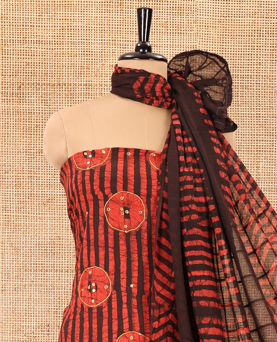 Maroon material chudidar set, batik print, mirror work and kantha work cotton top, cotton bottom, and batik printed dupatta