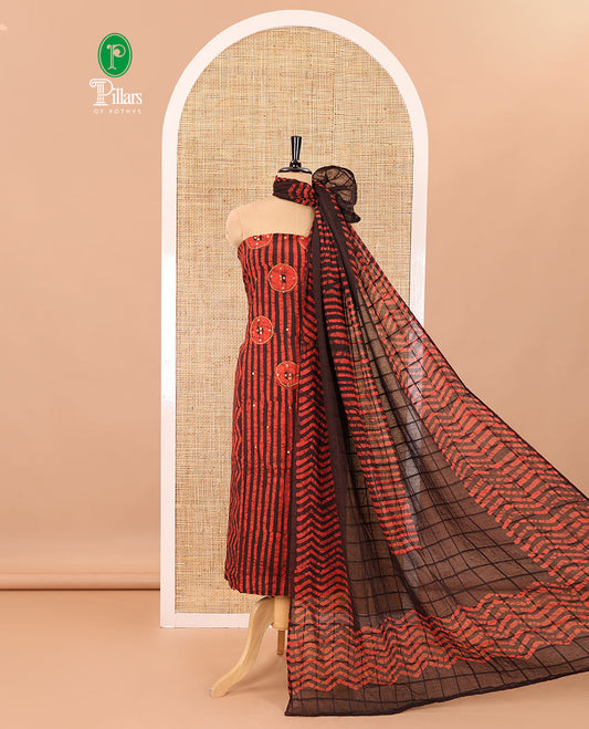 Maroon material chudidar set, batik print, mirror work and kantha work cotton top, cotton bottom, and batik printed dupatta