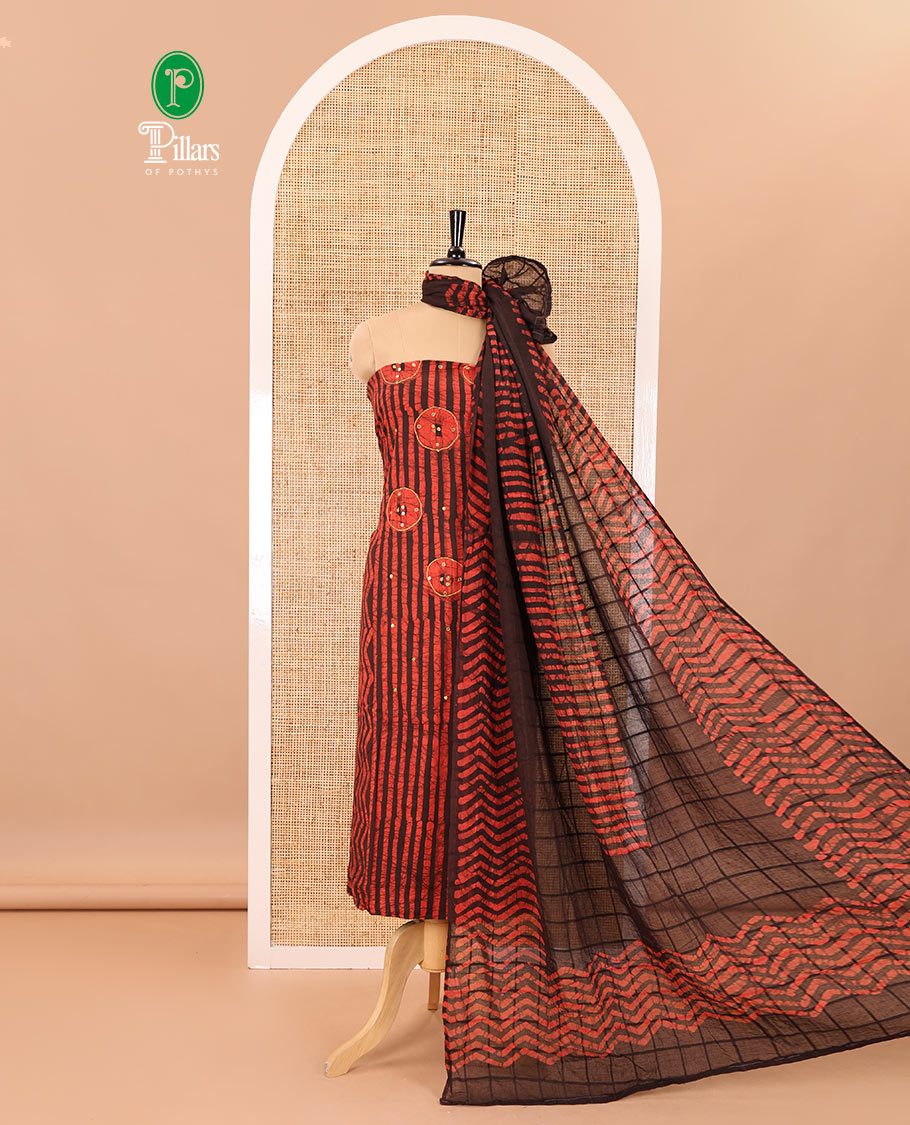 Maroon material chudidar set, batik print, mirror work and kantha work cotton top, cotton bottom, and batik printed dupatta