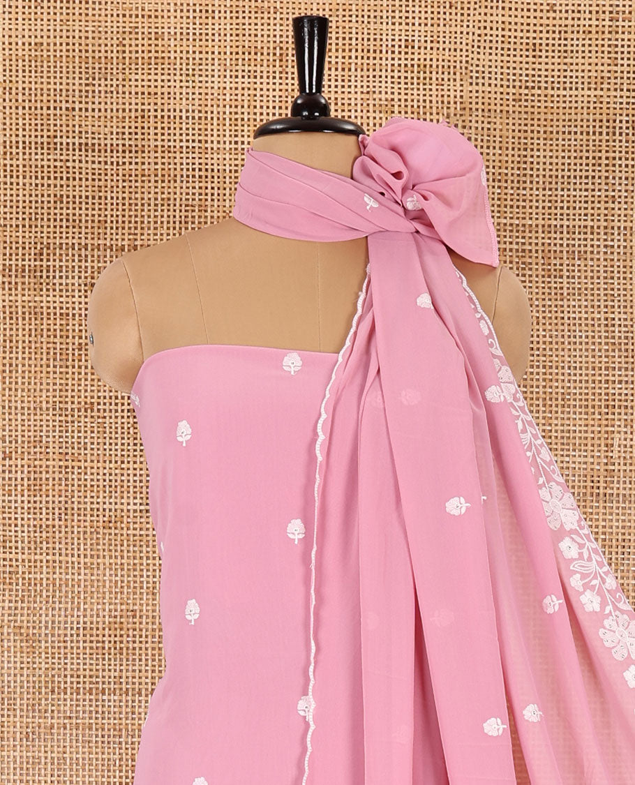 Pink material chudidar set, floral thread embroidered georgette top, plain bottom, and floral motifs embroidered scallop georgette dupatta