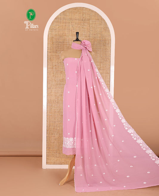 Pink material chudidar set, floral thread embroidered georgette top, plain bottom, and floral motifs embroidered scallop georgette dupatta
