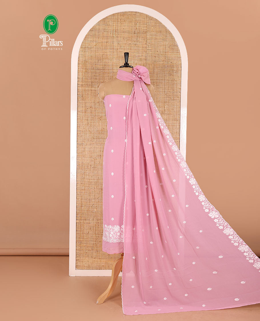 Pink material chudidar set, floral thread embroidered georgette top, plain bottom, and floral motifs embroidered scallop georgette dupatta