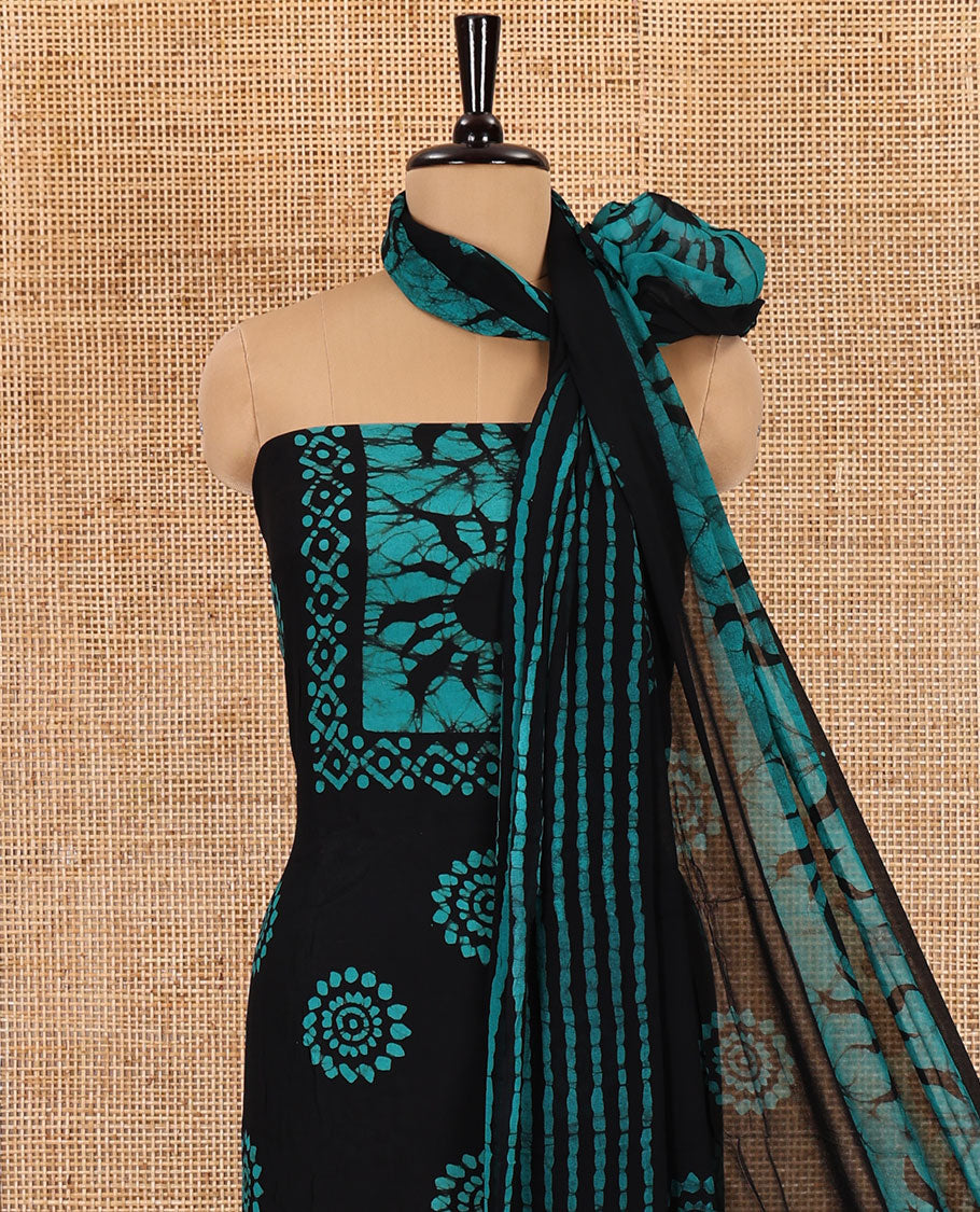 Black and rama material chudidar set, sun brust and chakra motifs hand block printed Viscose georgette top, contrast bottom, and hand block printed viscose georgette dupatta