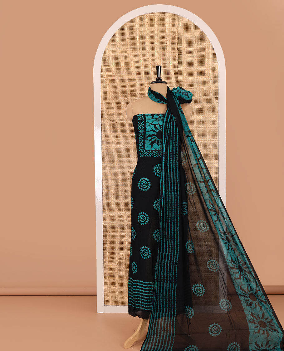 Black and rama material chudidar set, sun brust and chakra motifs hand block printed Viscose georgette top, contrast bottom, and hand block printed viscose georgette dupatta