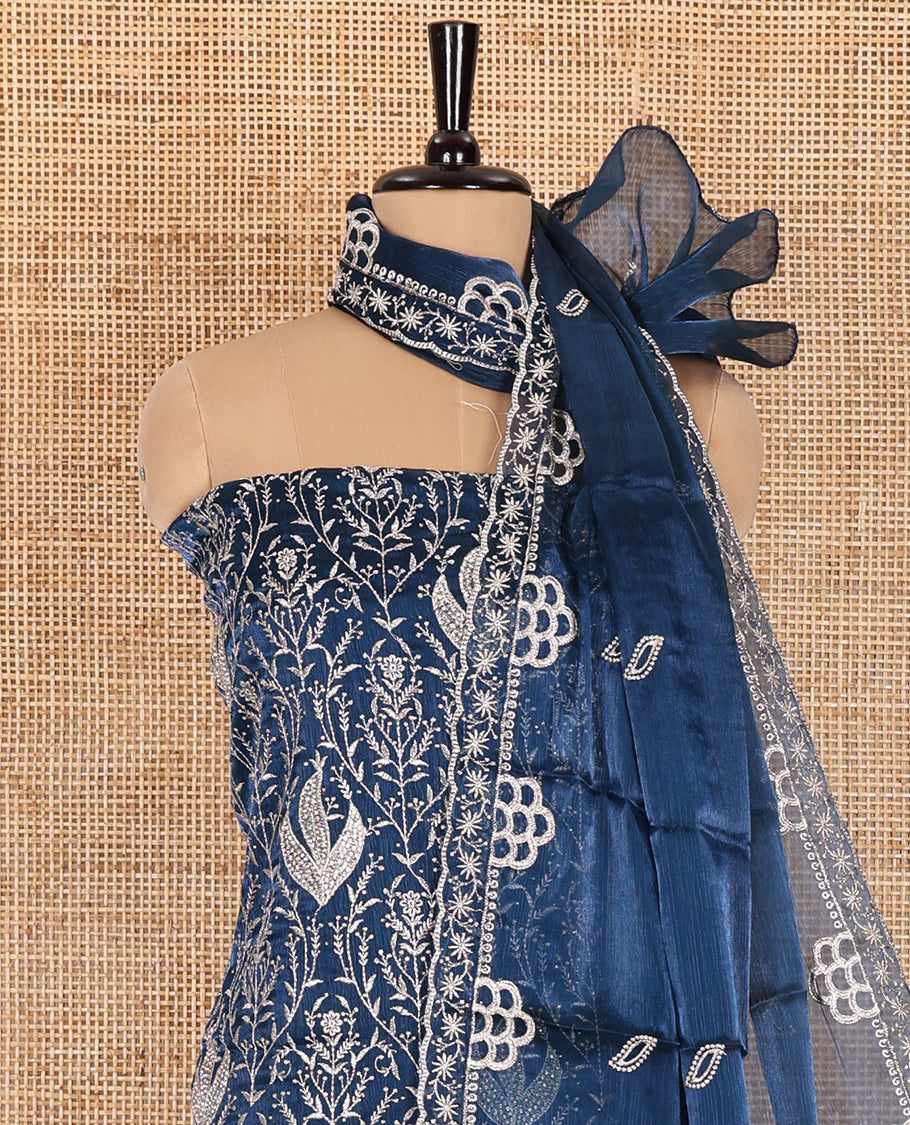 Peacock blue material chudidar set, intricate thread embroidered with stone work velvet organza top, a matching santoon bottom, and a embroidered velvet organza dupatta