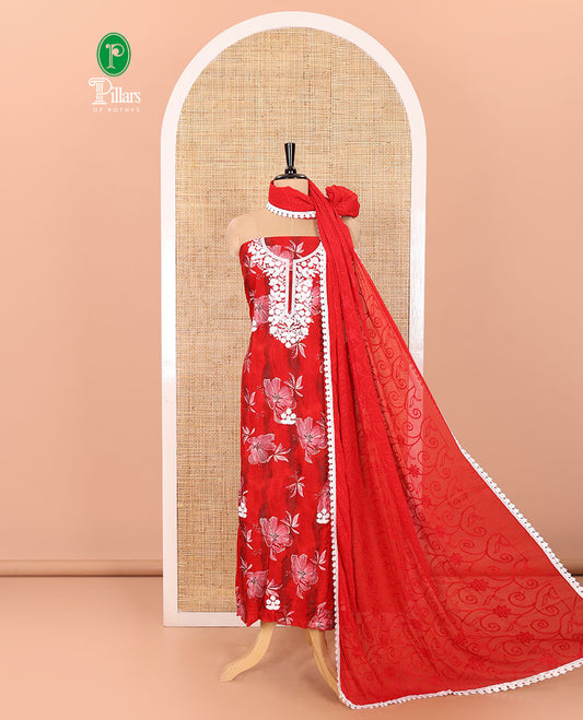 Red Material Chudidar Set Elevated with Phulkari-Style Floral Embroidery and Floral Print Rayon Top, Subtly Made Plain Rayon Bottom, and a Chiffon Georgette Dupatta of Floral Theme Designs