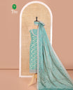 Light Rama Green Chudidar Set Artfully Detailed with Floral Jaal Jacquard Design and Embroidered Viscose Chinon Unstitched Top, Readymade Free Size Chinon Sharara Pants, and a Chinon Embroidered Scallop-Bordered Dupatta