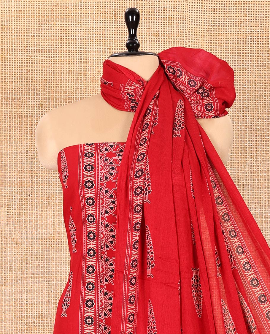 Red Rayon Material Chudidhar Set, Adorned with Ajrakh-Style Floral Printed Top, Elegantly Printed Bottom, and Rayon Dupatta of Ajrakh-Style Floral and Tree Motifs Print