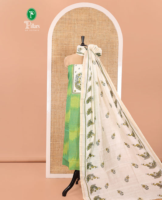 Green Material Chudidhar Set, Adorned with Ikkat Weave and Neck Peacock Patchwork Handloom Cotton Top, Cotton Plain Bottom, and Contrast Chanderi Silk Peacock Printed Dupatta