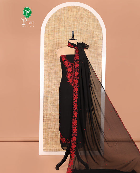 Black and Red Material Chudidhar Set, Accentuated with Floral Thread Embroidered Fox Georgette Top, Plain Santoon Bottom, and Fox Georgette Scallop Dupatta with Floral Thread Embroidery
