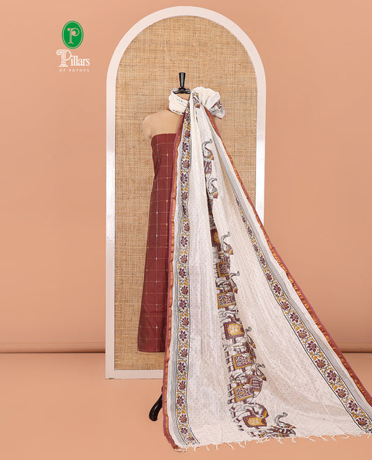Coffee Brown Material Churidar Set, Adorned with Zari Checked Semi-Silk Top, Comes with a Contrast Plain Soft Cotton Bottom, and a Contrast Semi-Silk Dupatta, Pictures a Herd of Elephants