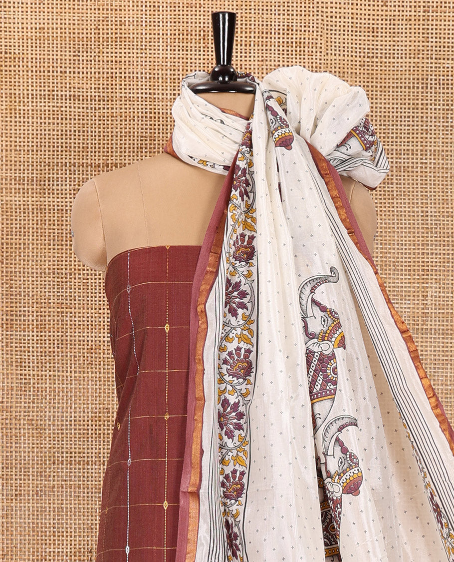 Coffee Brown Material Churidar Set, Adorned with Zari Checked Semi-Silk Top, Comes with a Contrast Plain Soft Cotton Bottom, and a Contrast Semi-Silk Dupatta, Pictures a Herd of Elephants