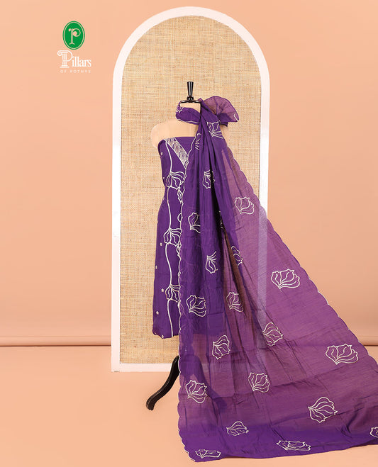 Violet Mul Chanderi Material Churidar Set, Ornamented with Flower Embroidery and Sequins Work V-Neck Top, a Plain Santoon Bottom, and Paired with a Mul Chanderi Floral Embroidered Dupatta