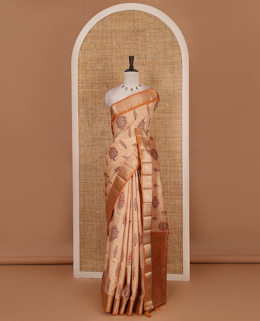 Sandal floral and pine tree motifs digital printed fancy tussar saree, contrast traditional zari border, intricate paisleys woven zari pallu, and plain blouse