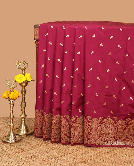 Jamun pink zari peacock butta dola raw silk saree with kancheepuram zari border with geometrical zari pallu along with plain blouse