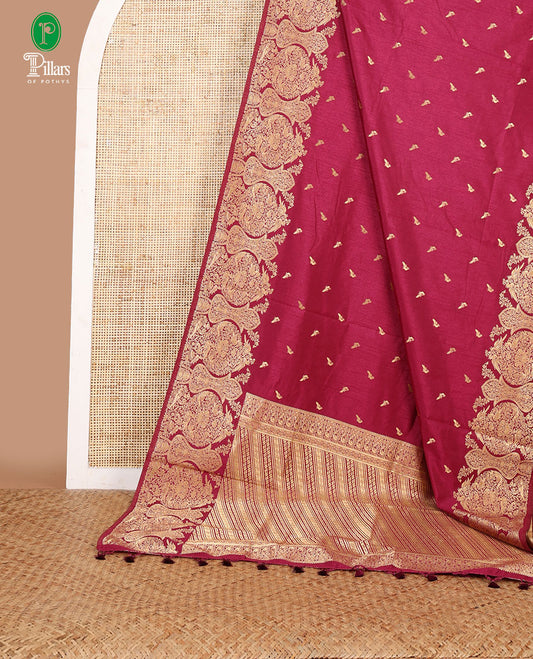 Jamun pink zari peacock butta dola raw silk saree with kancheepuram zari border with geometrical zari pallu along with plain blouse