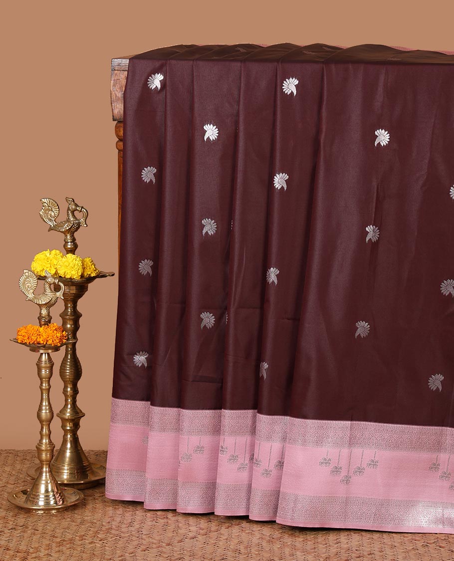 Brown floral zari buttas semi-soft silk saree, contrast traditional motif zari border & pallu of paisleys & checks
