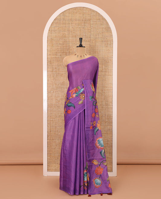 Borderless purple kalamkari floral vine printed with French knot and kanta embroidered kotta silk saree, printed and French knot embroidered matching blouse