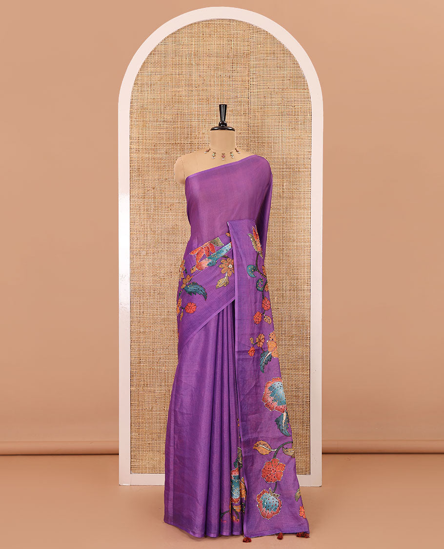 Borderless purple kalamkari floral vine printed with French knot and kanta embroidered kotta silk saree, printed and French knot embroidered matching blouse
