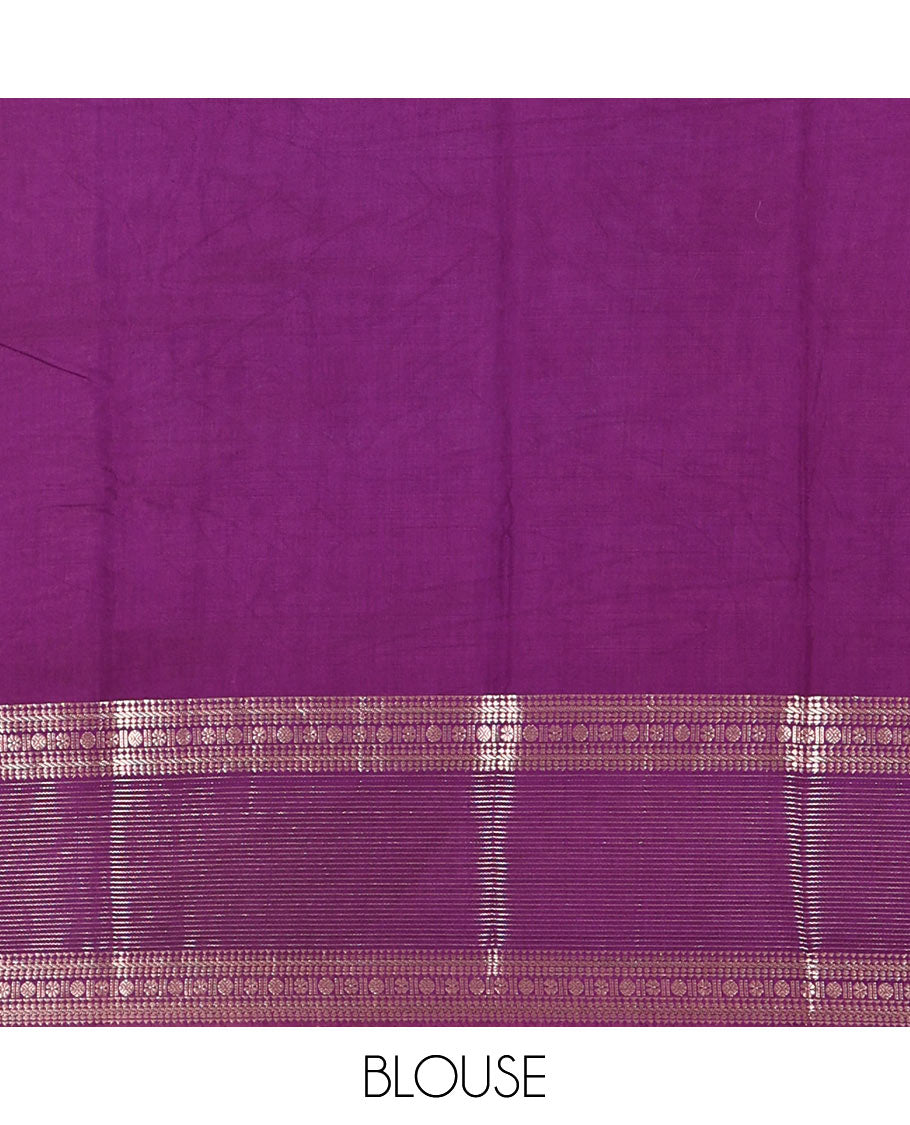 Carrot pink plain Assam silk saree, contrast traditional zari border of rudraksham motifs, zari striped pallu, and a contrast zari bordered blouse