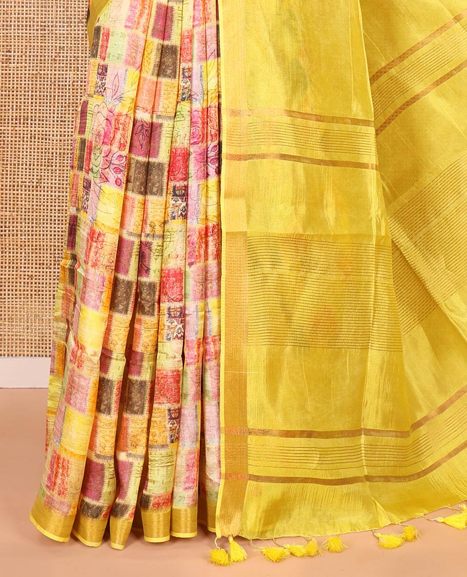 Yellow-base unique motifs enclosed colorful checks printed banana pith saree, zari striped pallu, and a matching blouse